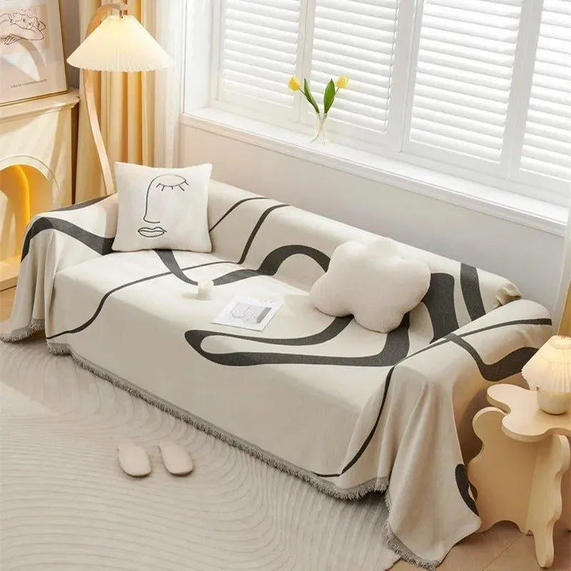4 Chenille Line Pattern Throw Blanket with Tassel │ Simple Nordic Jacquard Reversible Double Sided Sofa Cover