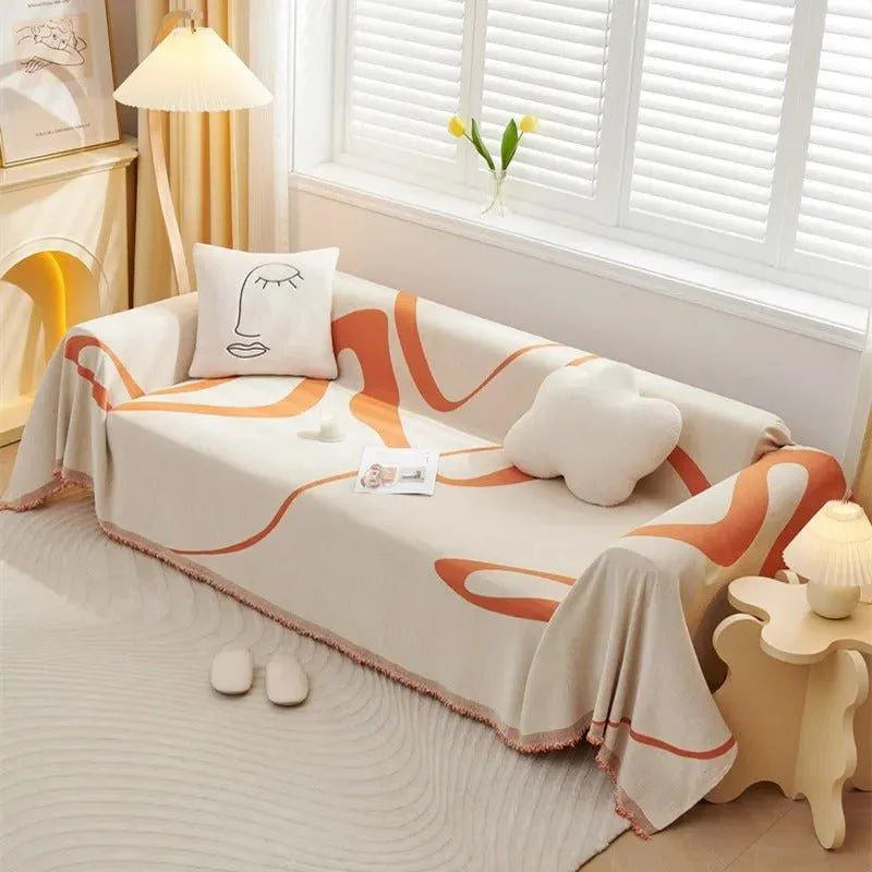 4 Chenille Line Pattern Throw Blanket with Tassel │ Simple Nordic Jacquard Reversible Double Sided Sofa Cover
