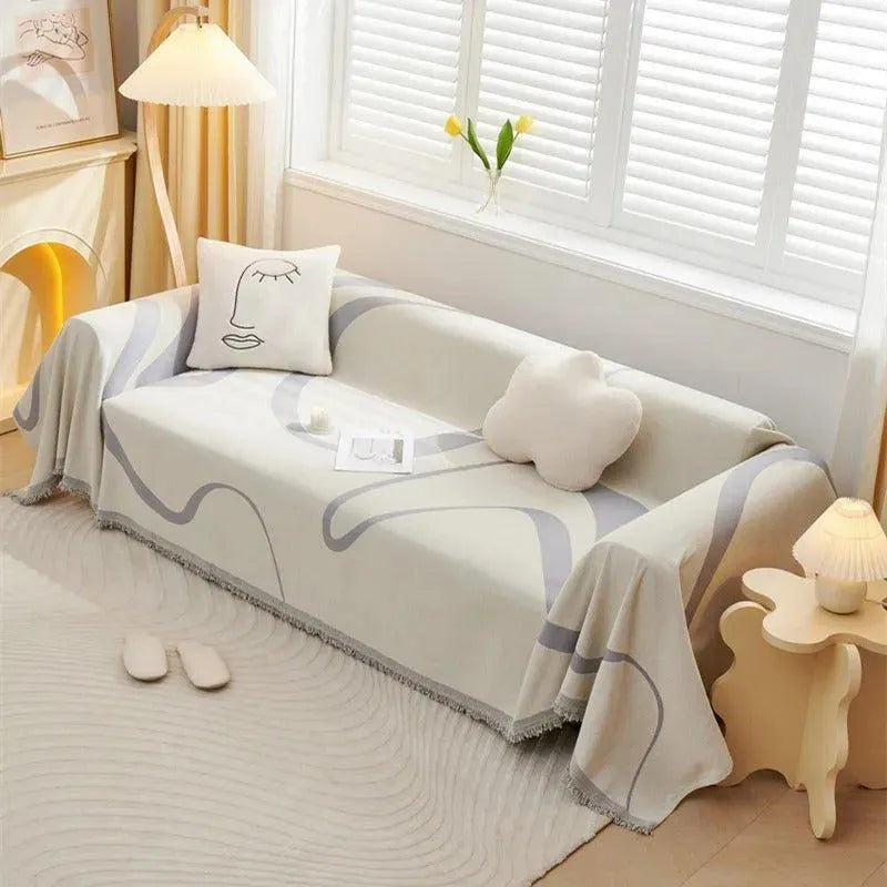 4 Chenille Line Pattern Throw Blanket with Tassel │ Simple Nordic Jacquard Reversible Double Sided Sofa Cover