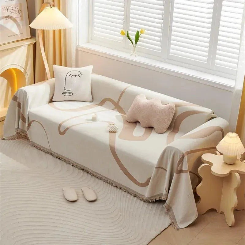 4 Chenille Line Pattern Throw Blanket with Tassel │ Simple Nordic Jacquard Reversible Double Sided Sofa Cover