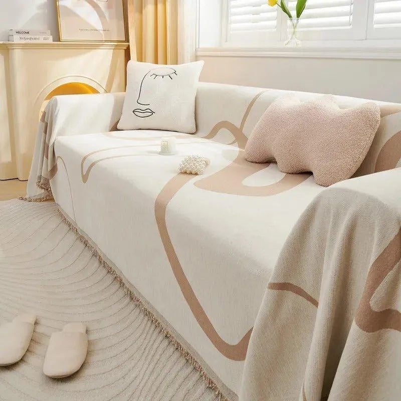 4 Chenille Line Pattern Throw Blanket with Tassel │ Simple Nordic Jacquard Reversible Double Sided Sofa Cover