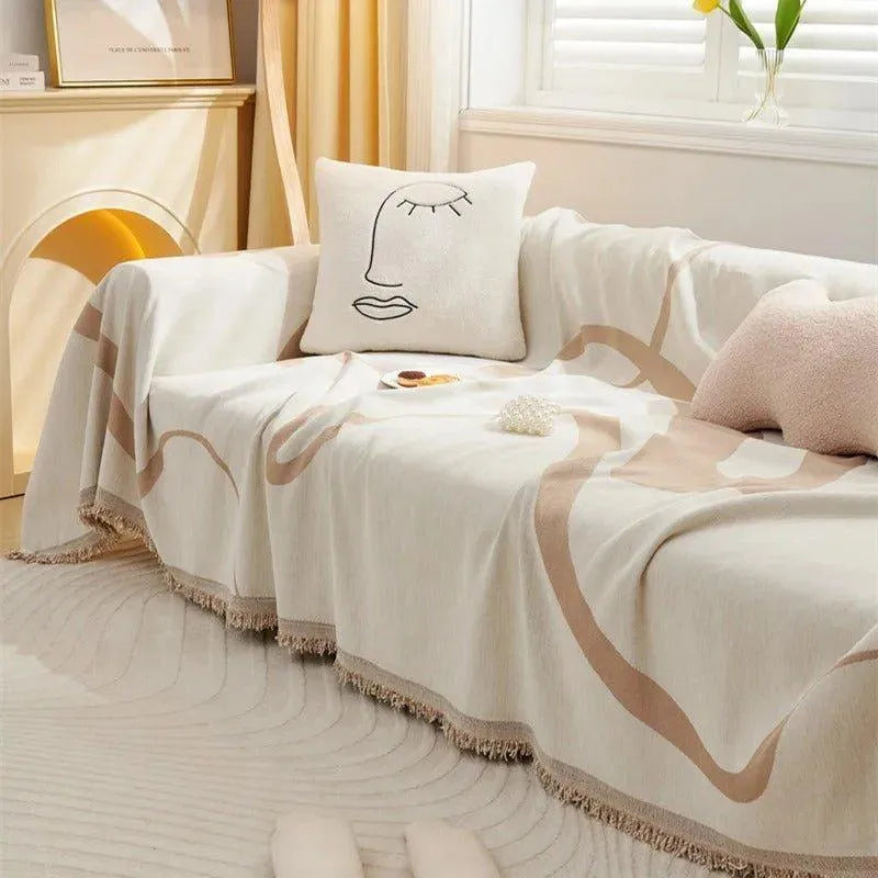 4 Chenille Line Pattern Throw Blanket with Tassel │ Simple Nordic Jacquard Reversible Double Sided Sofa Cover