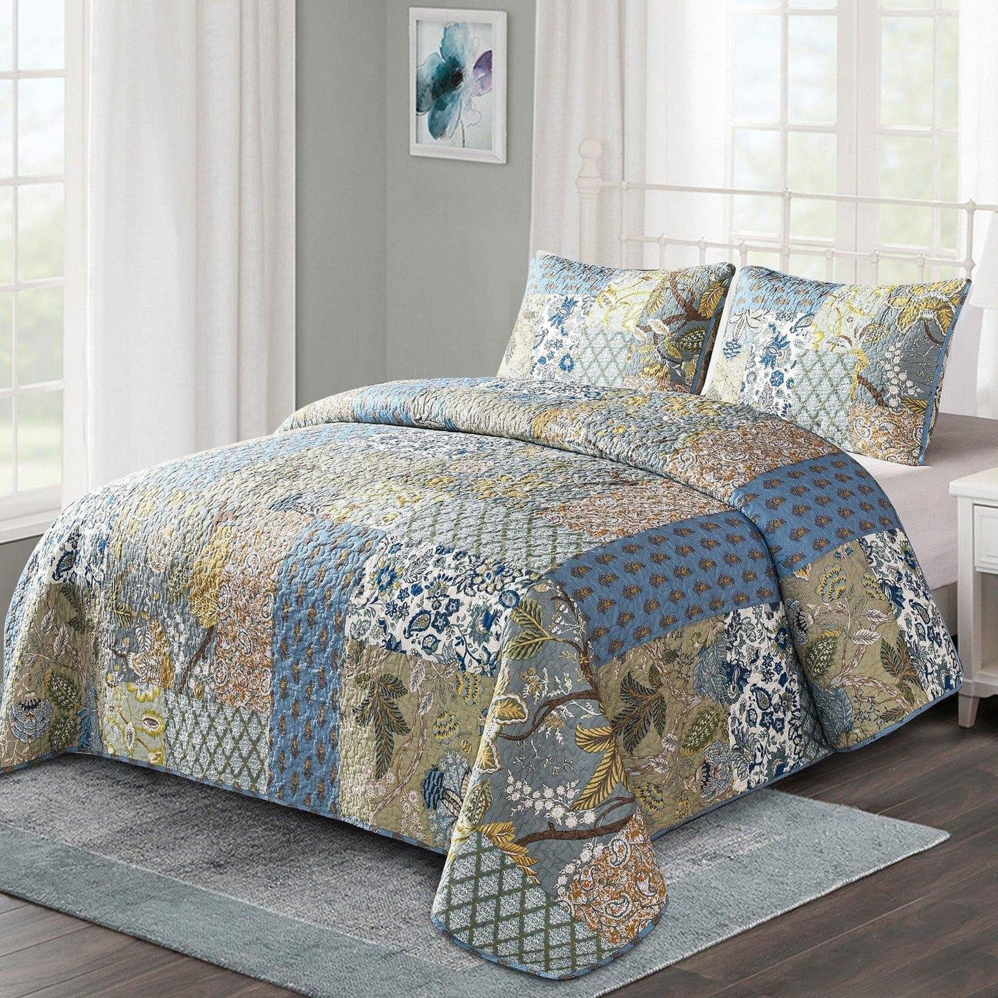 Patchwork Cotton Quilt Bedding Set 3 Pieces, Boho Quilted Bedspread With 2 Pillow Shams, Floral Pattern Quilted Coverlet Comforter