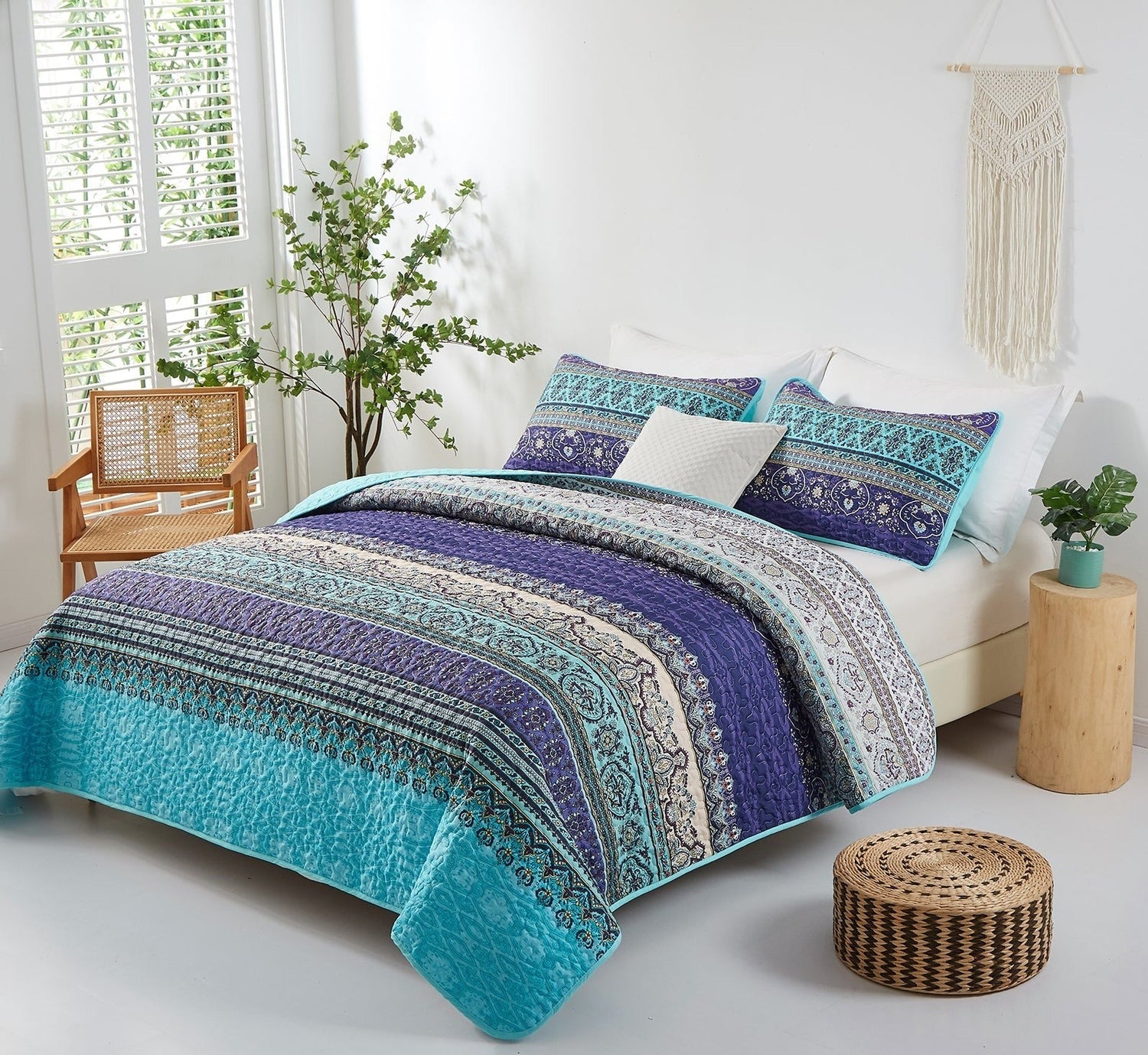 Bohemian Quilted Set Purple Stripe Boho Durable Coverlet 3 Pieces Breathable Bedspread with 2 Pillowcases, Boho Styles Bedding Coverlet Sets