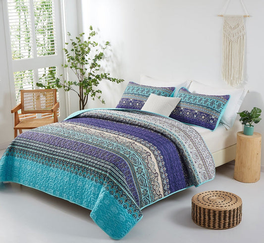 Bohemian Quilted Set Purple Stripe Boho Durable Coverlet 3 Pieces Breathable Bedspread with 2 Pillowcases, Boho Styles Bedding Coverlet Sets