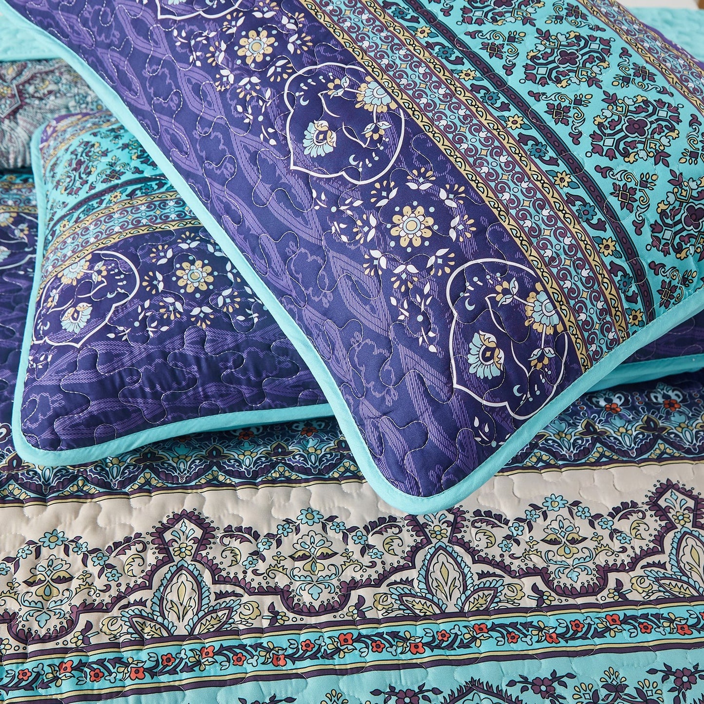 Bohemian Quilted Set Purple Stripe Boho Durable Coverlet 3 Pieces Breathable Bedspread with 2 Pillowcases, Boho Styles Bedding Coverlet Sets