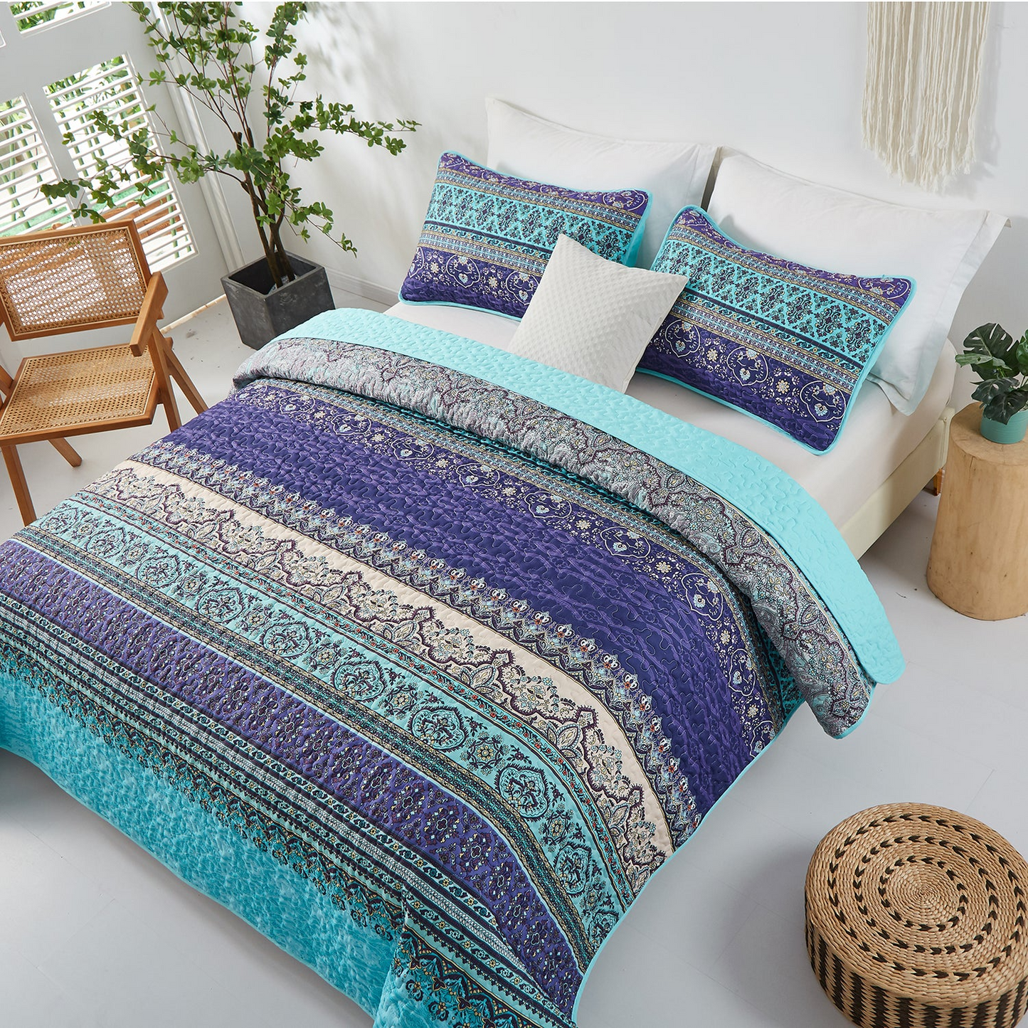 Bohemian Quilted Set Purple Stripe Boho Durable Coverlet 3 Pieces Breathable Bedspread with 2 Pillowcases, Boho Styles Bedding Coverlet Sets