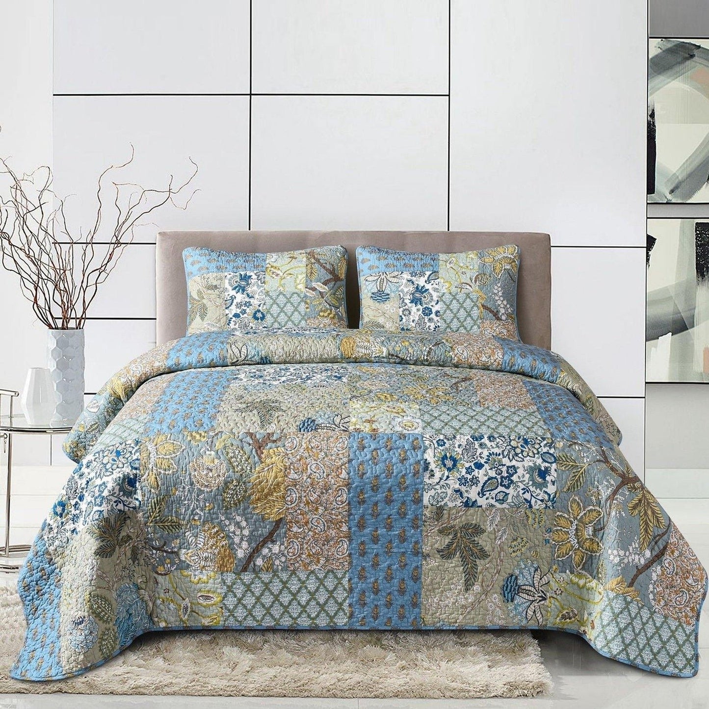 Patchwork Cotton Quilt Bedding Set 3 Pieces, Boho Quilted Bedspread With 2 Pillow Shams, Floral Pattern Quilted Coverlet Comforter