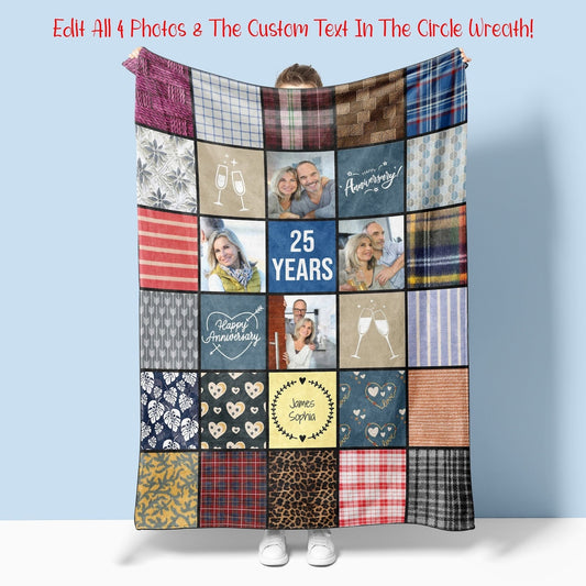 Anniversary Gift Personalized Quilt-Style Photo Blanket, Romantic Wedding Anniversary Couples Gift Ideas For Significant Other