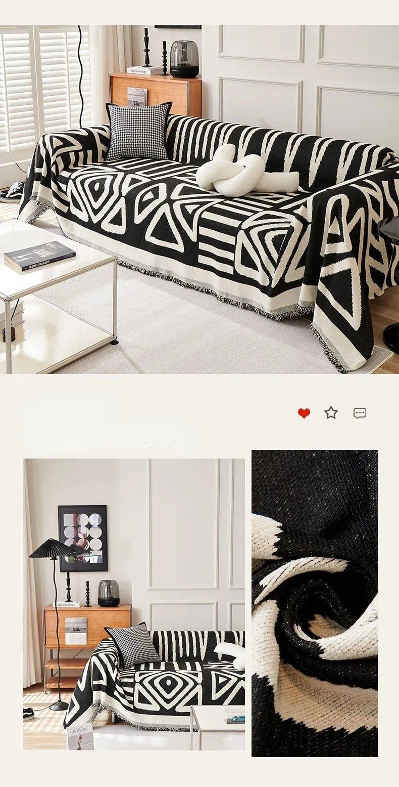 Boho Chenille Pattern Throw Blanket with Tassel │ Simple Nordic Jacquard Reversible Double Sided Sofa Cover