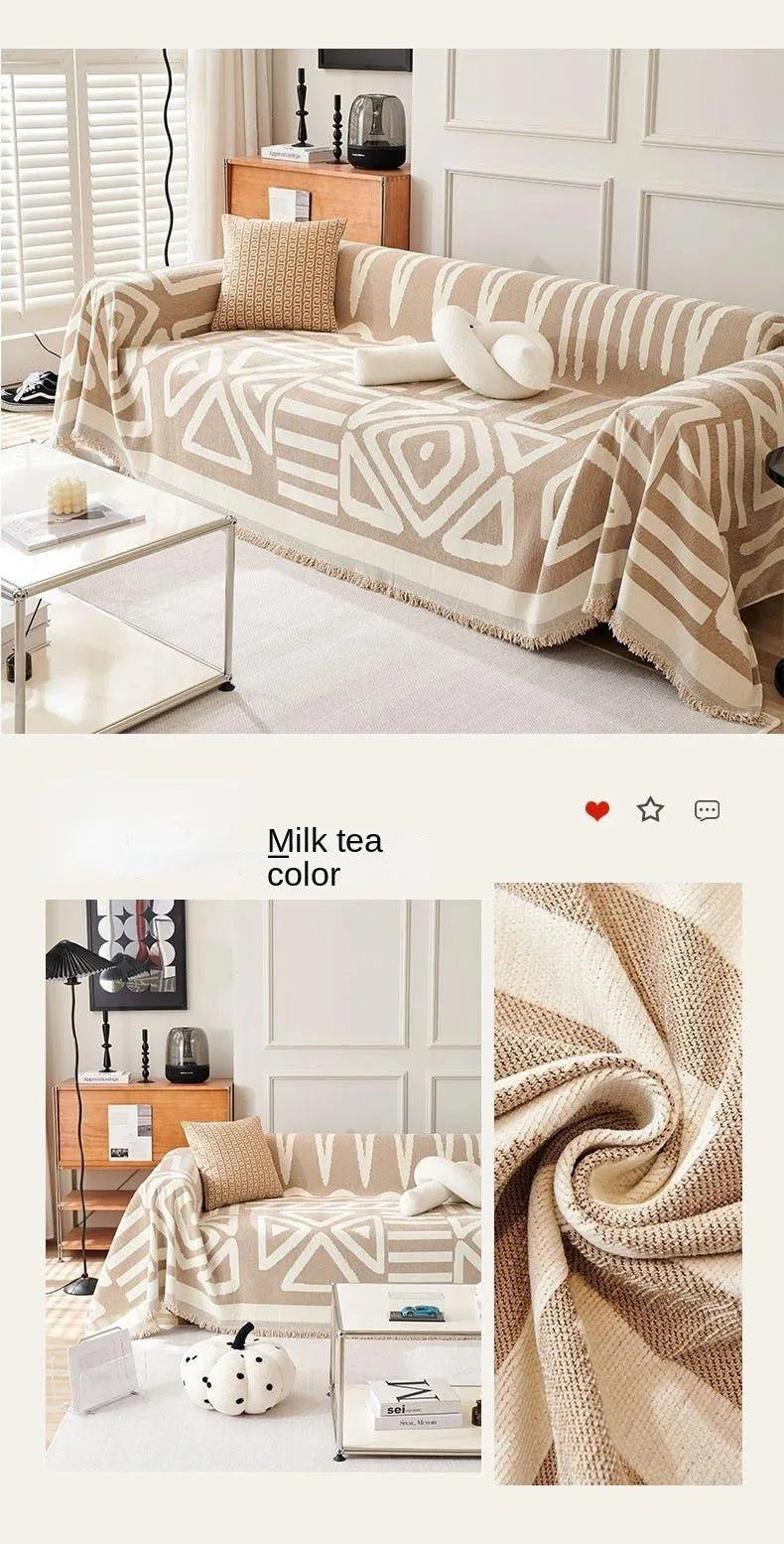 Boho Chenille Pattern Throw Blanket with Tassel │ Simple Nordic Jacquard Reversible Double Sided Sofa Cover