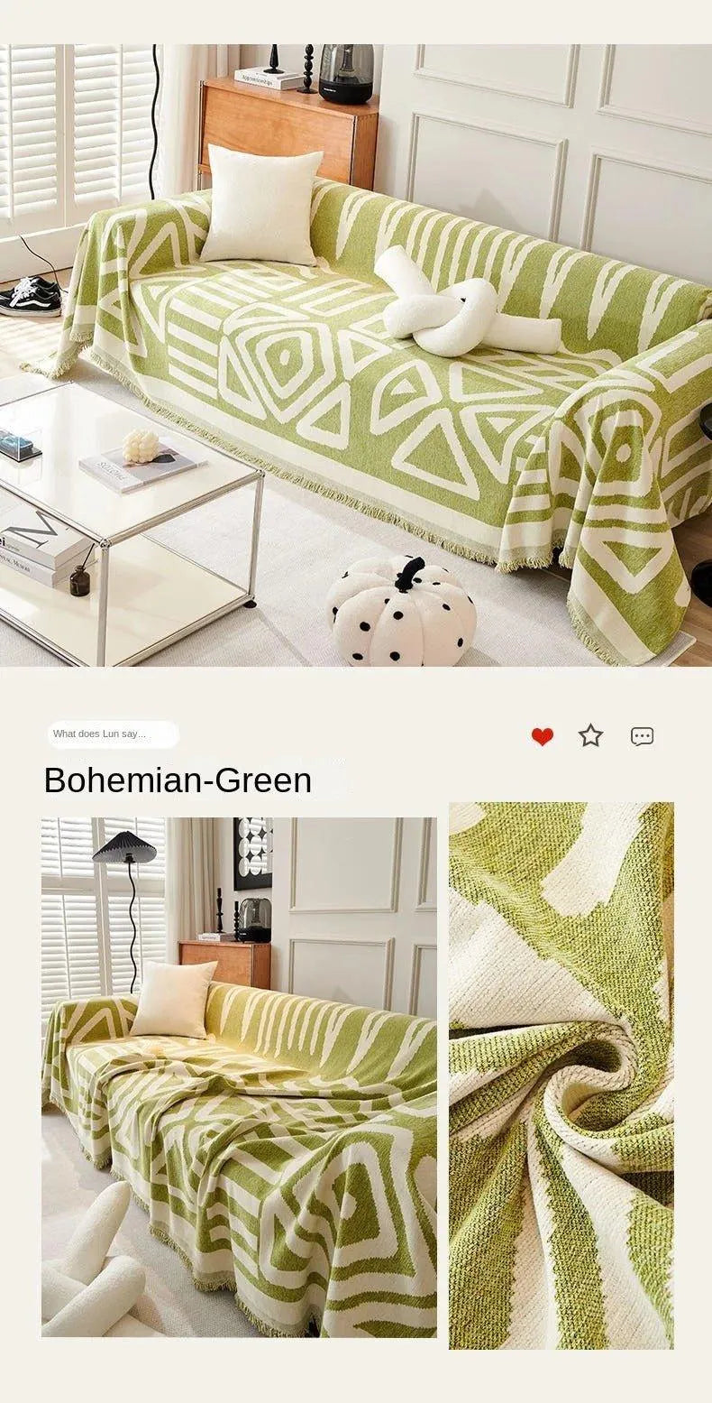 Boho Chenille Pattern Throw Blanket with Tassel │ Simple Nordic Jacquard Reversible Double Sided Sofa Cover