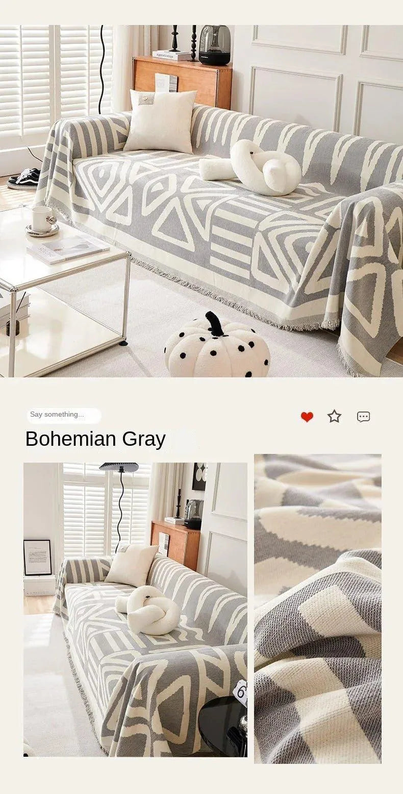 Boho Chenille Pattern Throw Blanket with Tassel │ Simple Nordic Jacquard Reversible Double Sided Sofa Cover