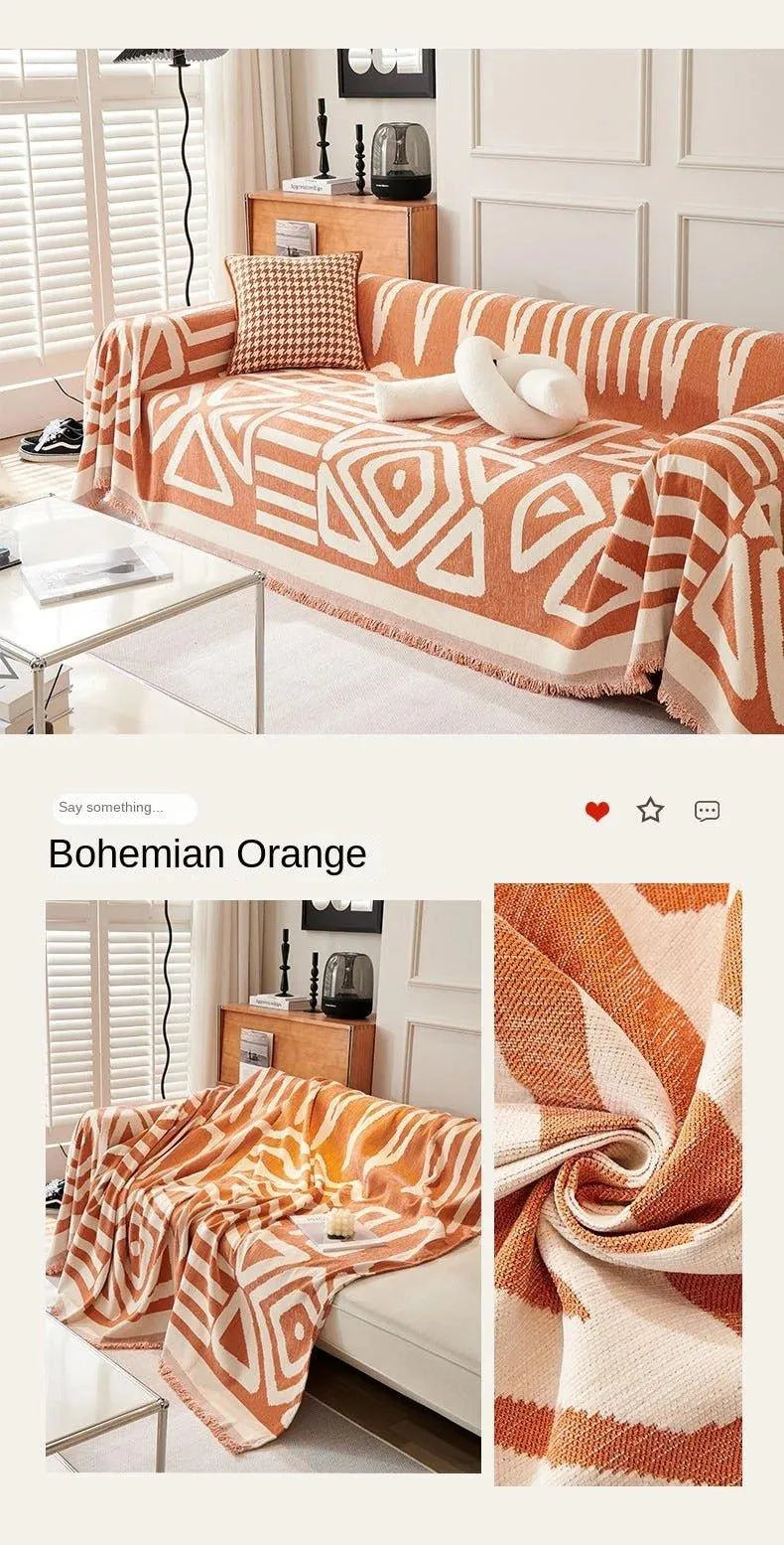 Boho Chenille Pattern Throw Blanket with Tassel │ Simple Nordic Jacquard Reversible Double Sided Sofa Cover