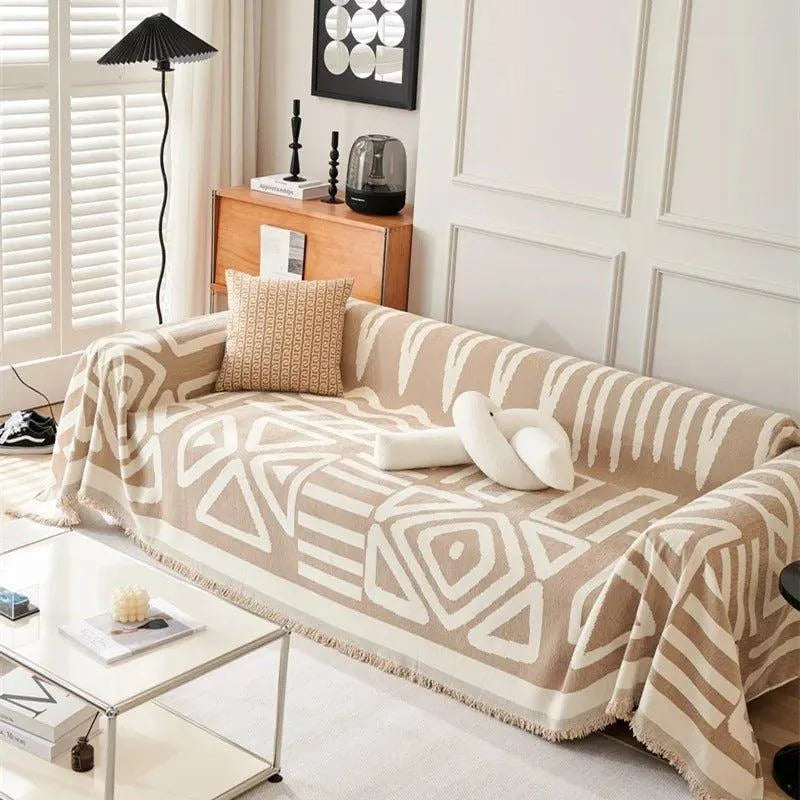 Boho Chenille Pattern Throw Blanket with Tassel │ Simple Nordic Jacquard Reversible Double Sided Sofa Cover