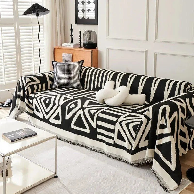 Boho Chenille Pattern Throw Blanket with Tassel │ Simple Nordic Jacquard Reversible Double Sided Sofa Cover