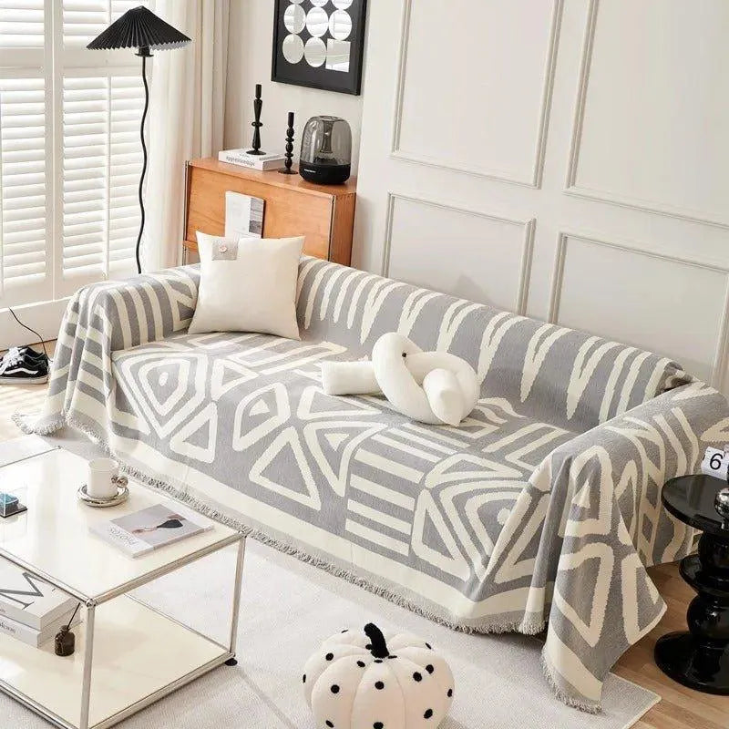 Boho Chenille Pattern Throw Blanket with Tassel │ Simple Nordic Jacquard Reversible Double Sided Sofa Cover