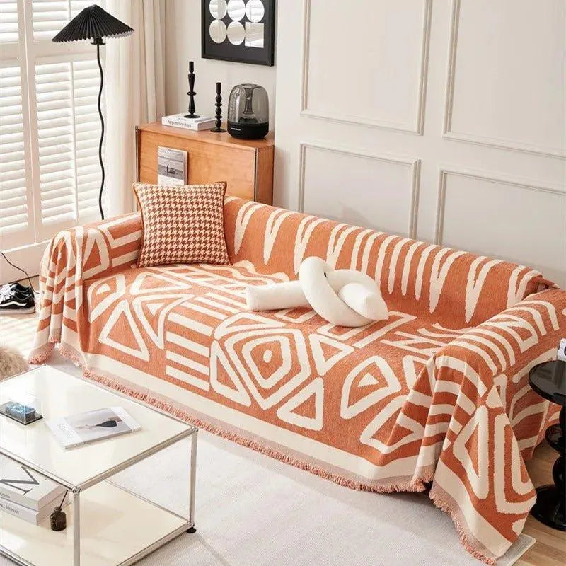 Boho Chenille Pattern Throw Blanket with Tassel │ Simple Nordic Jacquard Reversible Double Sided Sofa Cover