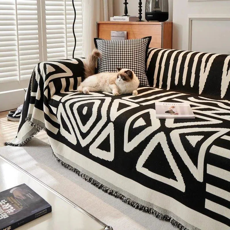 Boho Chenille Pattern Throw Blanket with Tassel │ Simple Nordic Jacquard Reversible Double Sided Sofa Cover