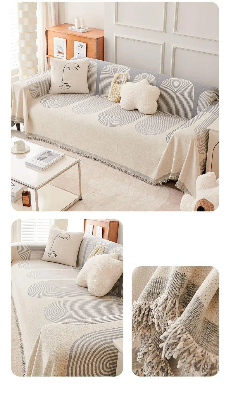 Boho Pattern Nordic Throw Blanket with Tassel │ Cotton Reversible Anti-cat Scratch Protection Sofa Cover