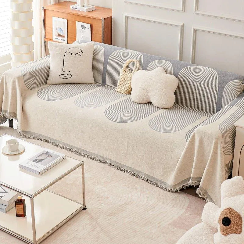 Boho Pattern Nordic Throw Blanket with Tassel │ Cotton Reversible Anti-cat Scratch Protection Sofa Cover