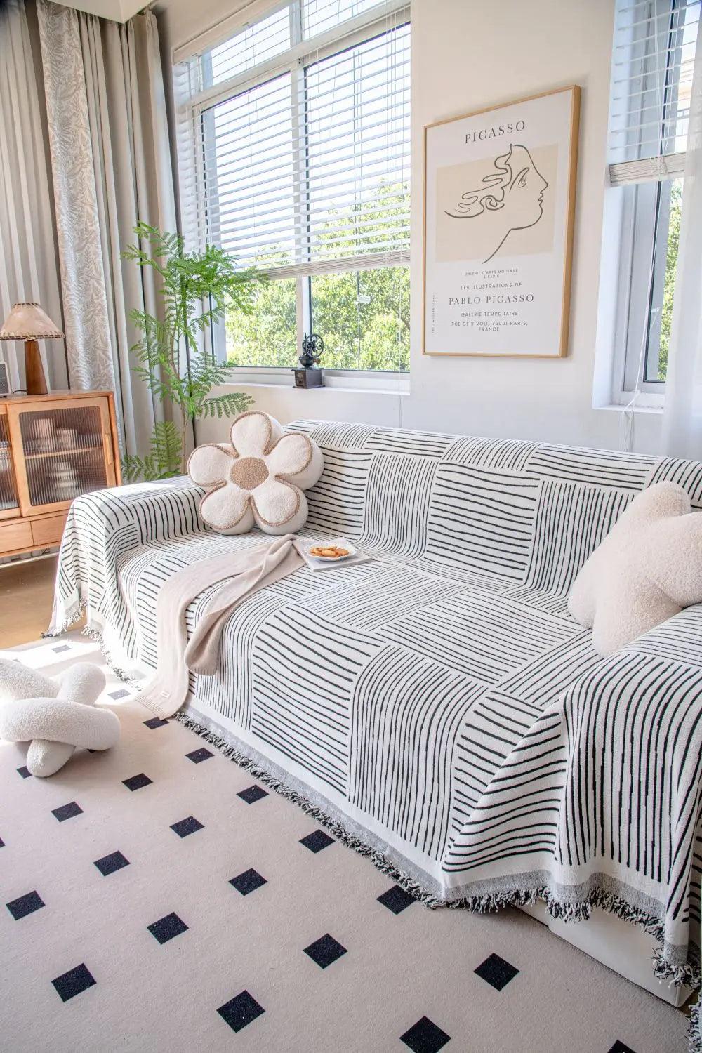 Chenille Striped Pattern Throw Blanket with Tassel 2 │ Nordic Jacquard Reversible Anti-cat Scratch Protection Sofa Cover