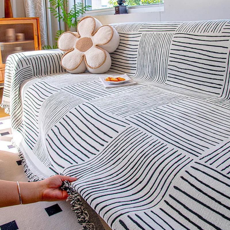 Chenille Striped Pattern Throw Blanket with Tassel 2 │ Nordic Jacquard Reversible Anti-cat Scratch Protection Sofa Cover