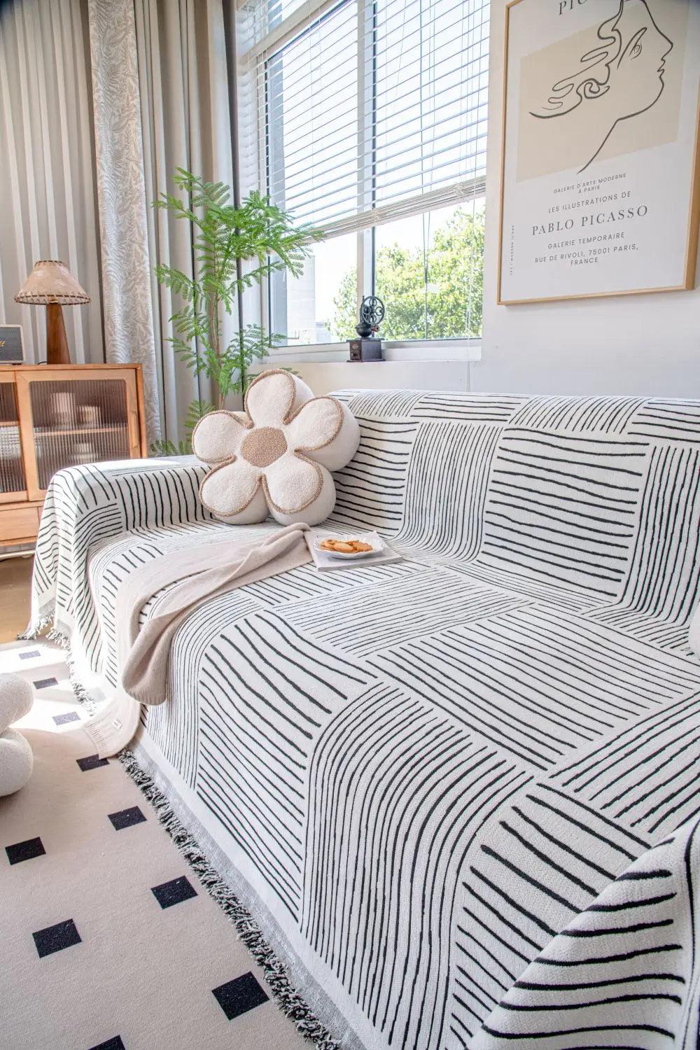 Chenille Striped Pattern Throw Blanket with Tassel 2 │ Nordic Jacquard Reversible Anti-cat Scratch Protection Sofa Cover