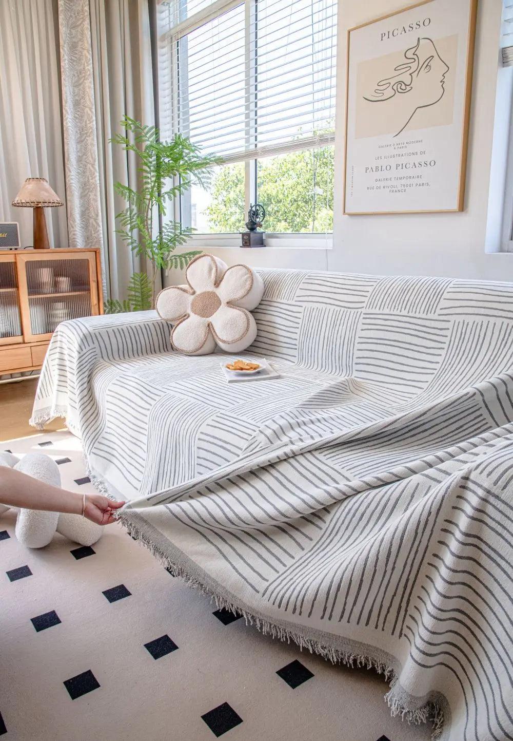 Chenille Striped Pattern Throw Blanket with Tassel 2 │ Nordic Jacquard Reversible Anti-cat Scratch Protection Sofa Cover