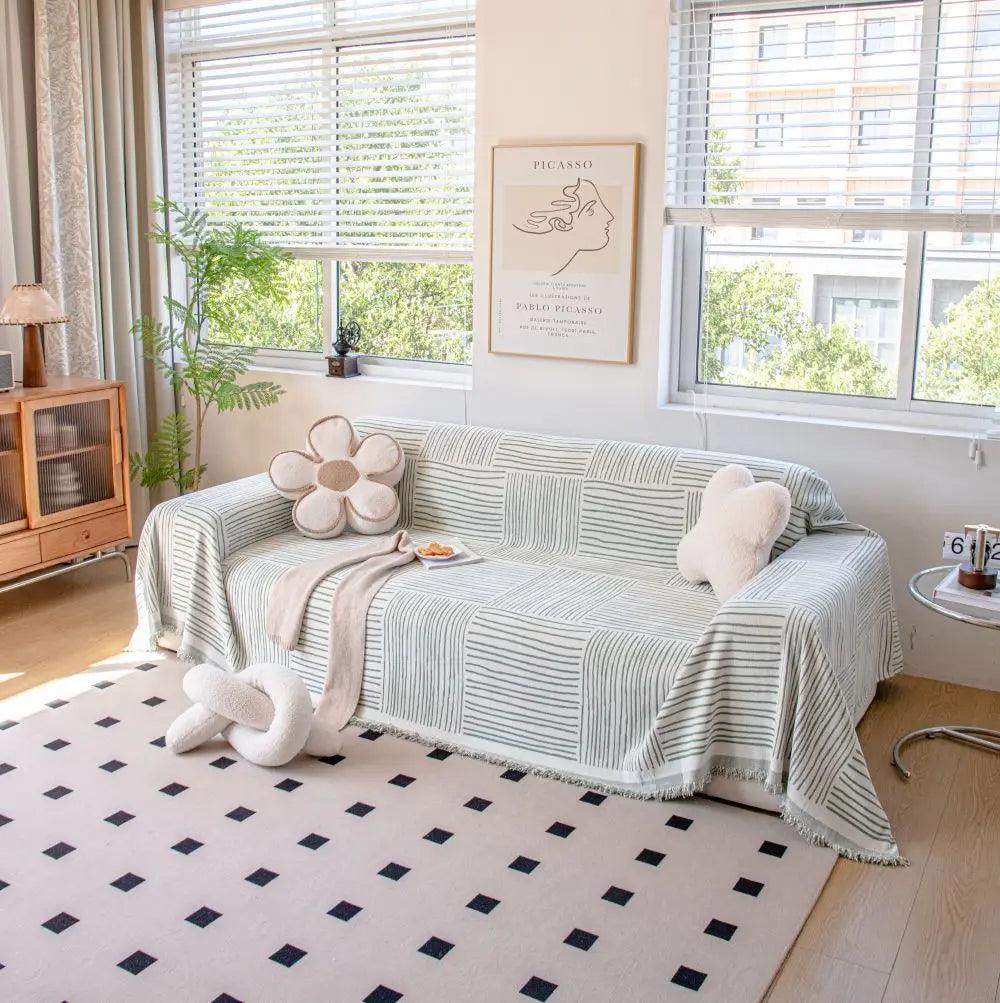 Chenille Striped Pattern Throw Blanket with Tassel 2 │ Nordic Jacquard Reversible Anti-cat Scratch Protection Sofa Cover