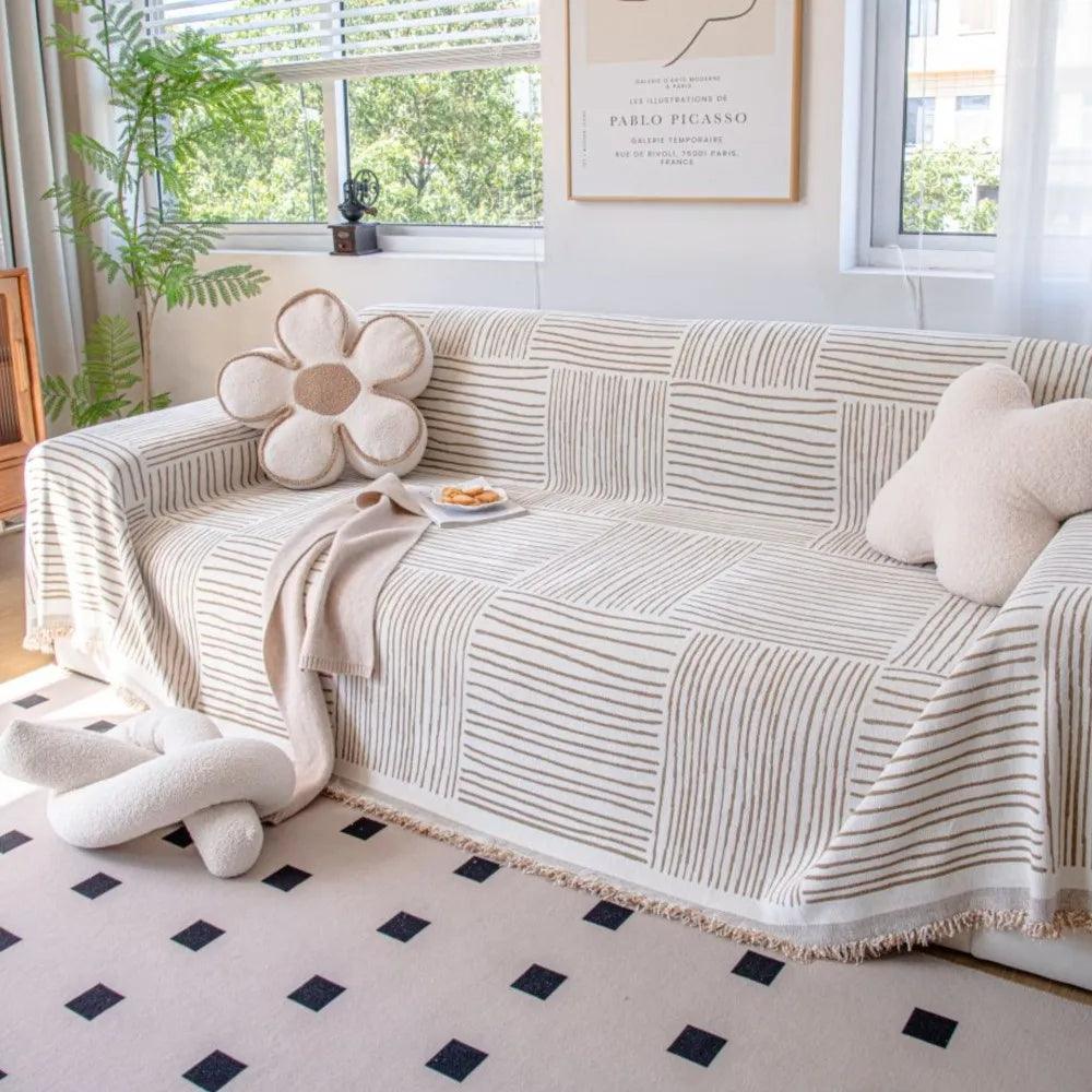 Chenille Striped Pattern Throw Blanket with Tassel 2 │ Nordic Jacquard Reversible Anti-cat Scratch Protection Sofa Cover