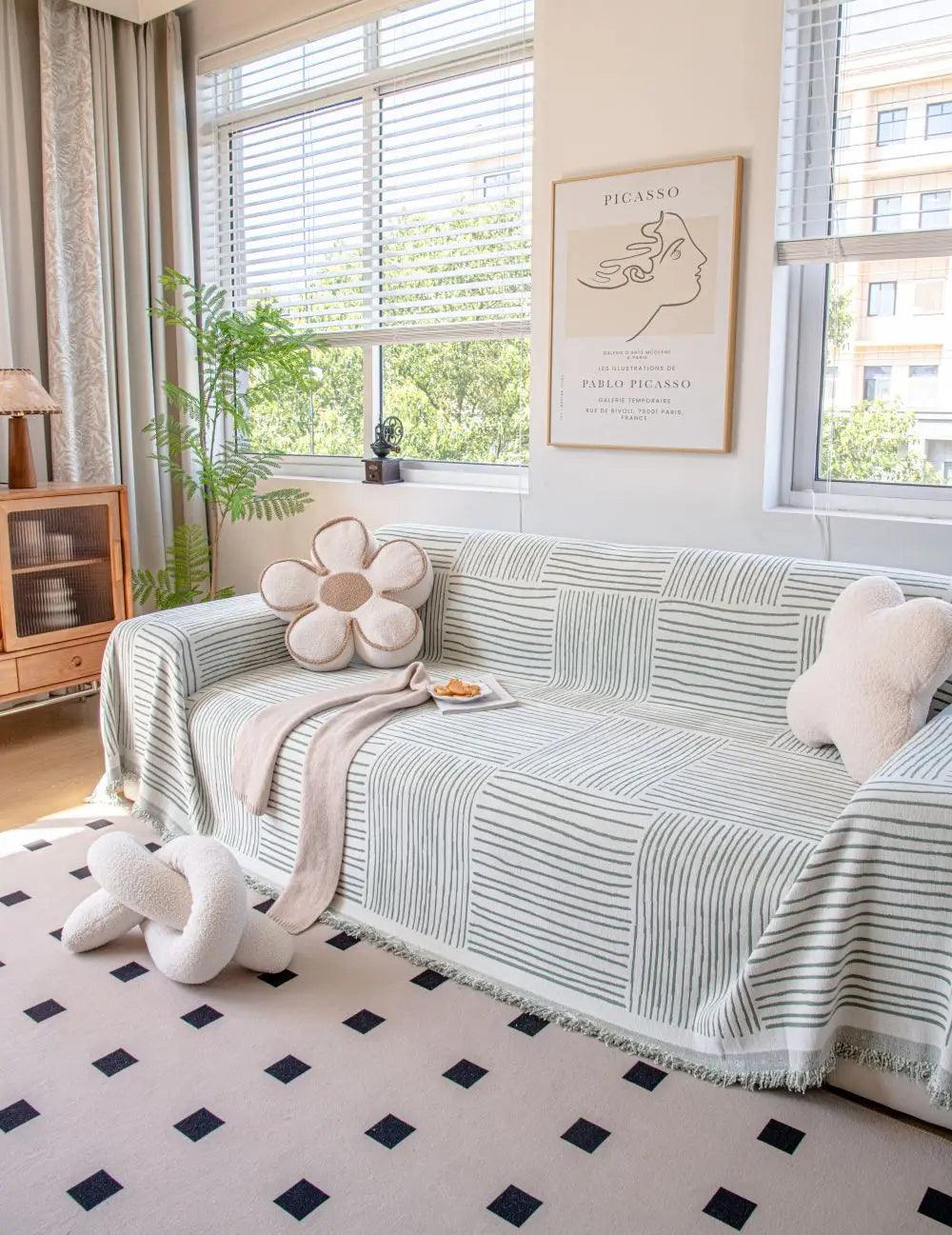 Chenille Striped Pattern Throw Blanket with Tassel 2 │ Nordic Jacquard Reversible Anti-cat Scratch Protection Sofa Cover