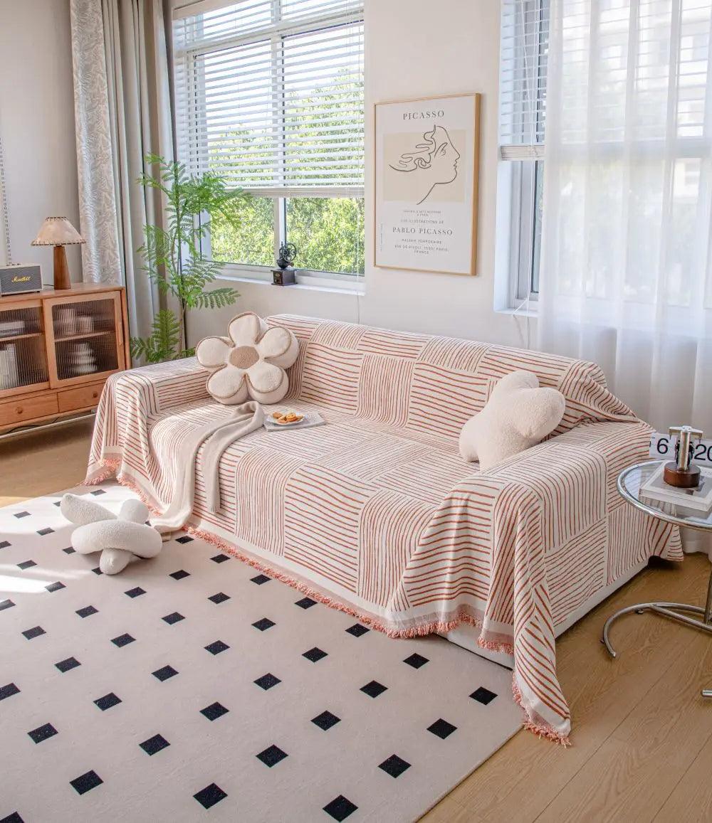 Chenille Striped Pattern Throw Blanket with Tassel 2 │ Nordic Jacquard Reversible Anti-cat Scratch Protection Sofa Cover