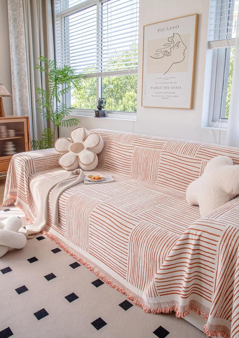 Chenille Striped Pattern Throw Blanket with Tassel 2 │ Nordic Jacquard Reversible Anti-cat Scratch Protection Sofa Cover