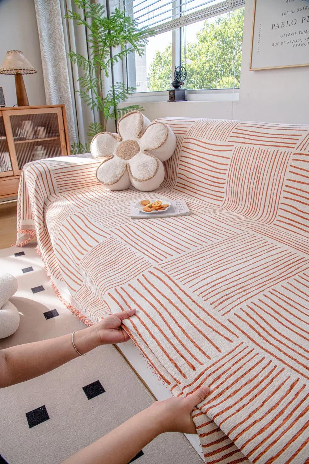 Chenille Striped Pattern Throw Blanket with Tassel 2 │ Nordic Jacquard Reversible Anti-cat Scratch Protection Sofa Cover