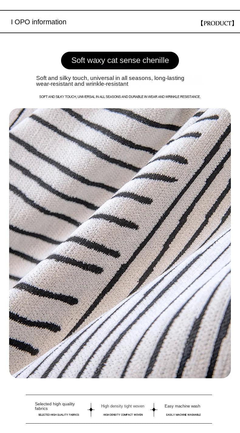 Chenille Striped Pattern Throw Blanket with Tassel 2 │ Nordic Jacquard Reversible Anti-cat Scratch Protection Sofa Cover