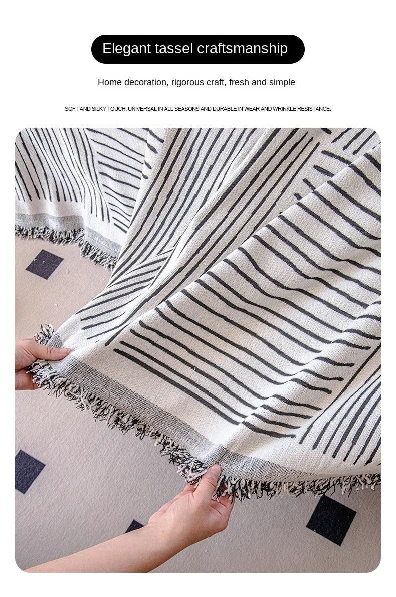 Chenille Striped Pattern Throw Blanket with Tassel 2 │ Nordic Jacquard Reversible Anti-cat Scratch Protection Sofa Cover