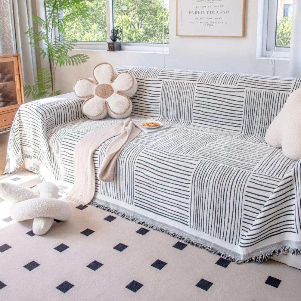 Chenille Striped Pattern Throw Blanket with Tassel 2 │ Nordic Jacquard Reversible Anti-cat Scratch Protection Sofa Cover