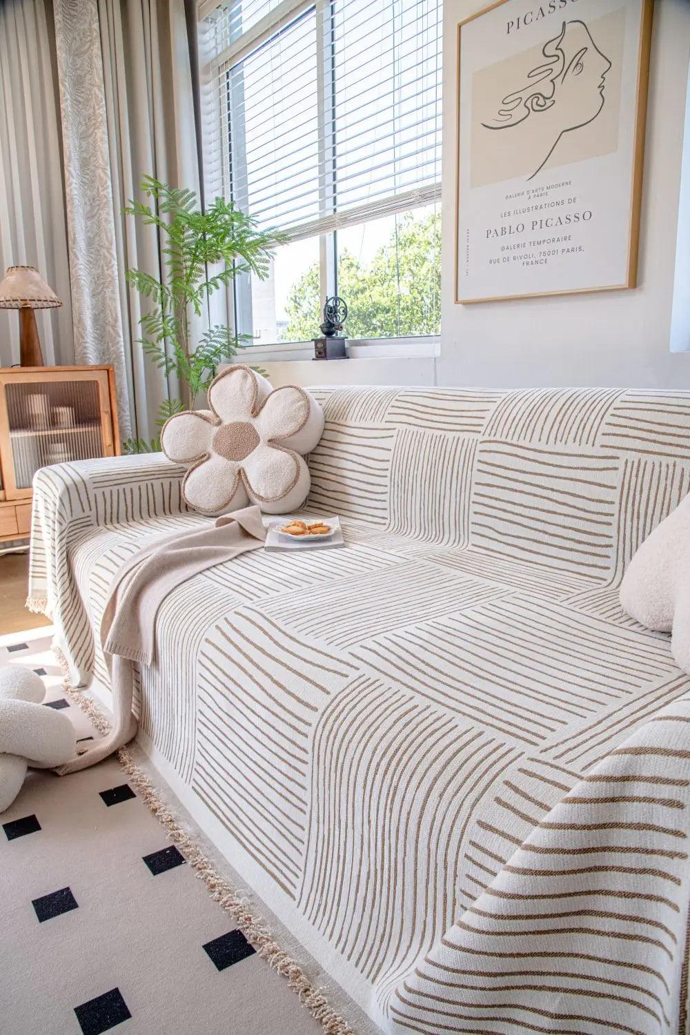 Chenille Striped Pattern Throw Blanket with Tassel 2 │ Nordic Jacquard Reversible Anti-cat Scratch Protection Sofa Cover