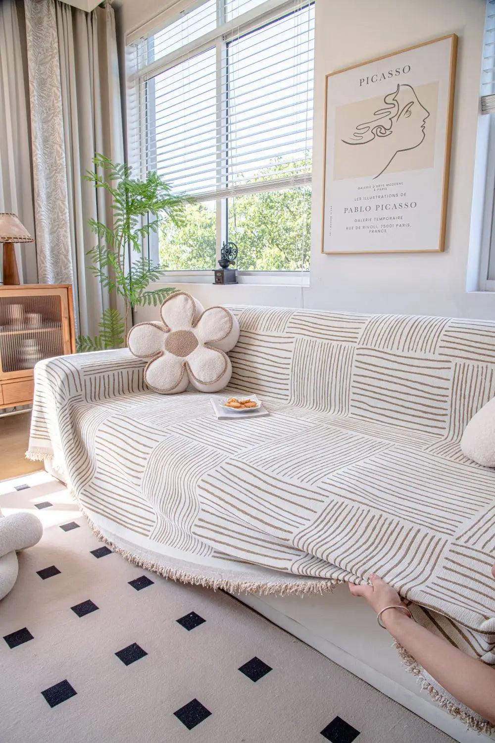 Chenille Striped Pattern Throw Blanket with Tassel 2 │ Nordic Jacquard Reversible Anti-cat Scratch Protection Sofa Cover