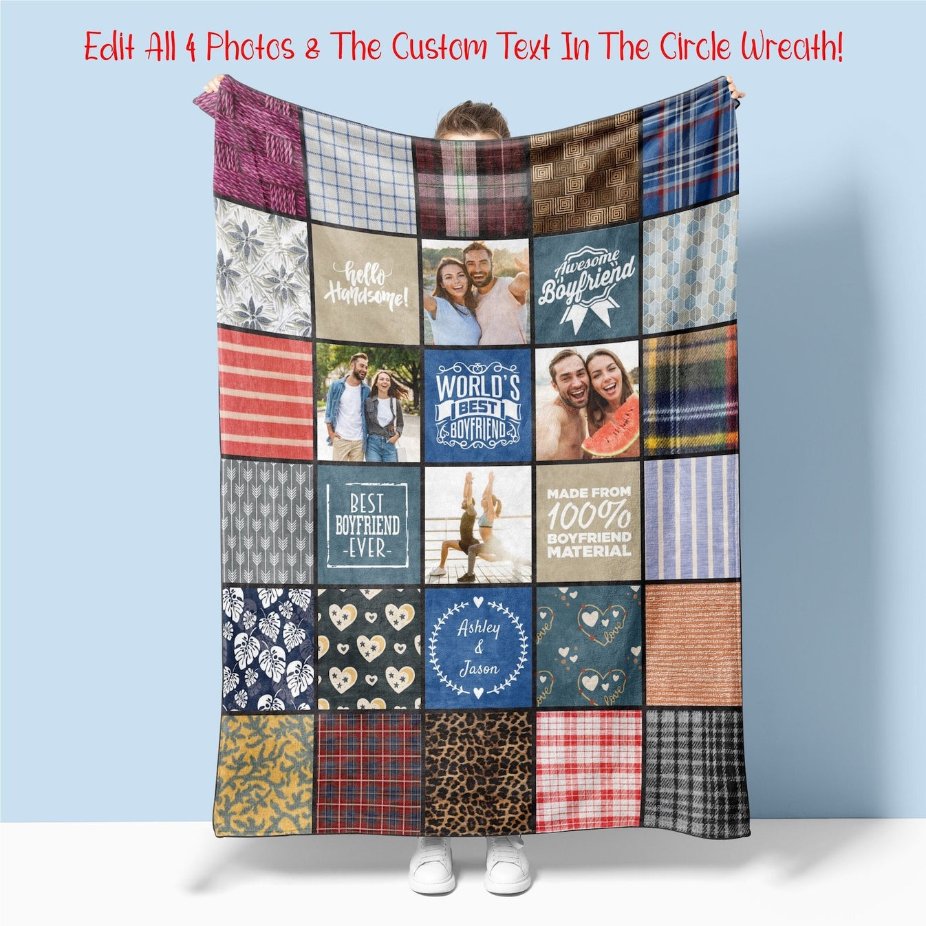 Gift For Boyfriend Personalized Quilt-Style Photo Blanket, Boyfriend Present Ideas, Birthday Or Christmas Gift For Boyfriend