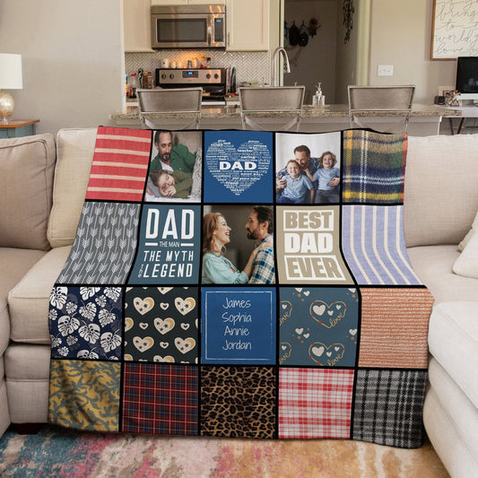Gift For Dad Personalized Quilt-Style Photo Blanket, Dad Photo Collage Present Ideas, Father's Day or Christmas Gift For Dad
