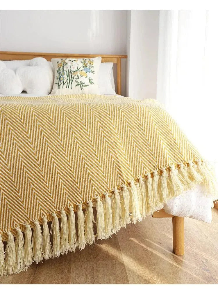 Modern Retro Geometric Knitted Blanket with Tassel │ Nordic Style Plaid Bedspread