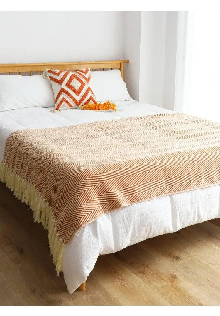 Modern Retro Geometric Knitted Blanket with Tassel │ Nordic Style Plaid Bedspread