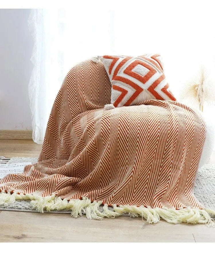 Modern Retro Geometric Knitted Blanket with Tassel │ Nordic Style Plaid Bedspread