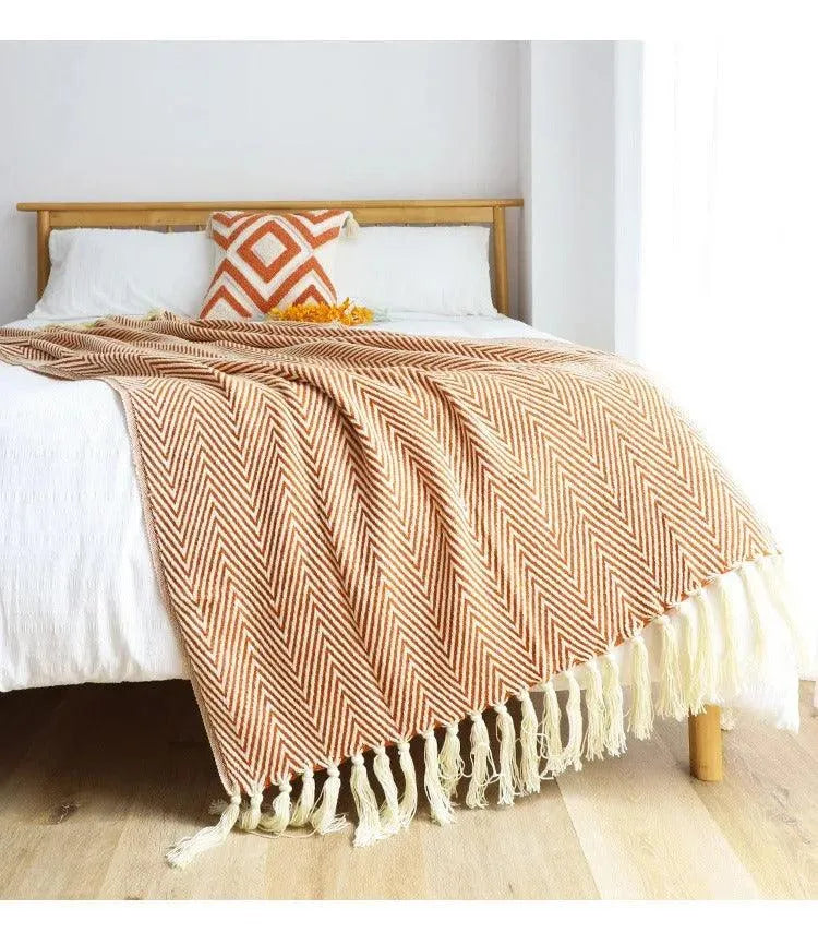 Modern Retro Geometric Knitted Blanket with Tassel │ Nordic Style Plaid Bedspread