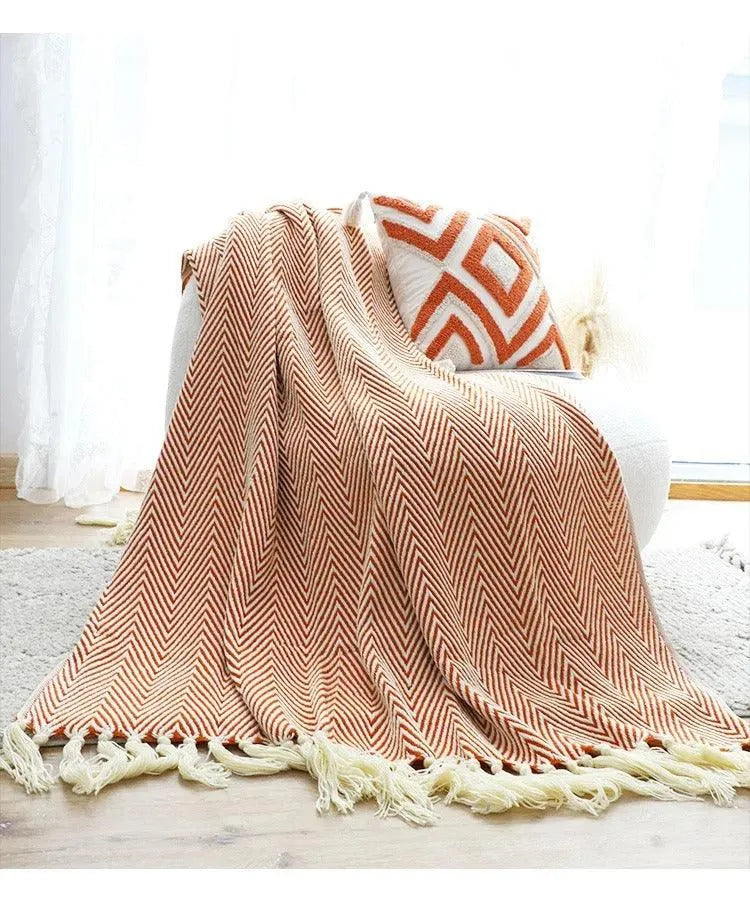 Modern Retro Geometric Knitted Blanket with Tassel │ Nordic Style Plaid Bedspread