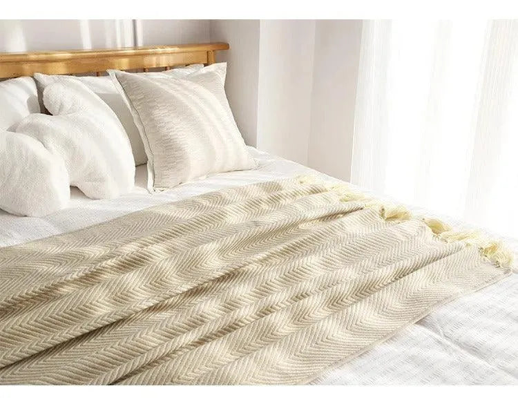 Modern Retro Geometric Knitted Blanket with Tassel │ Nordic Style Plaid Bedspread