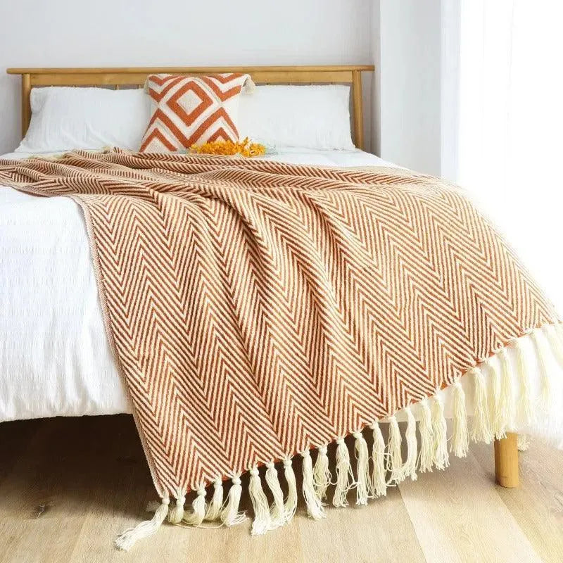 Modern Retro Geometric Knitted Blanket with Tassel │ Nordic Style Plaid Bedspread
