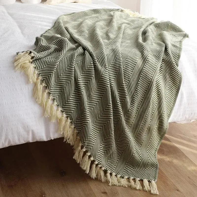 Modern Retro Geometric Knitted Blanket with Tassel │ Nordic Style Plaid Bedspread